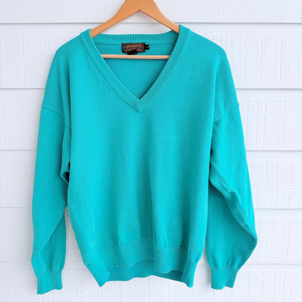 Eddie Bauer Teal V Neck Sweater Men’s Medium Classic Knit 90's style
